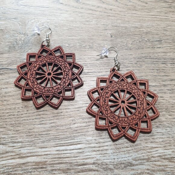 Handcrafted Wooden Mandala Earrings Laser Cut Design Hooks Boho Jewelry Women - Picture 1 of 4
